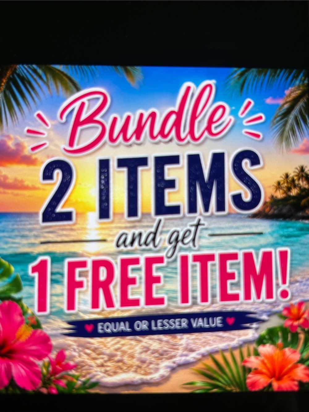 Bundle 2 Items and Get 1 Free Item Sign - Tropical Beach Design - Pink & Blue
